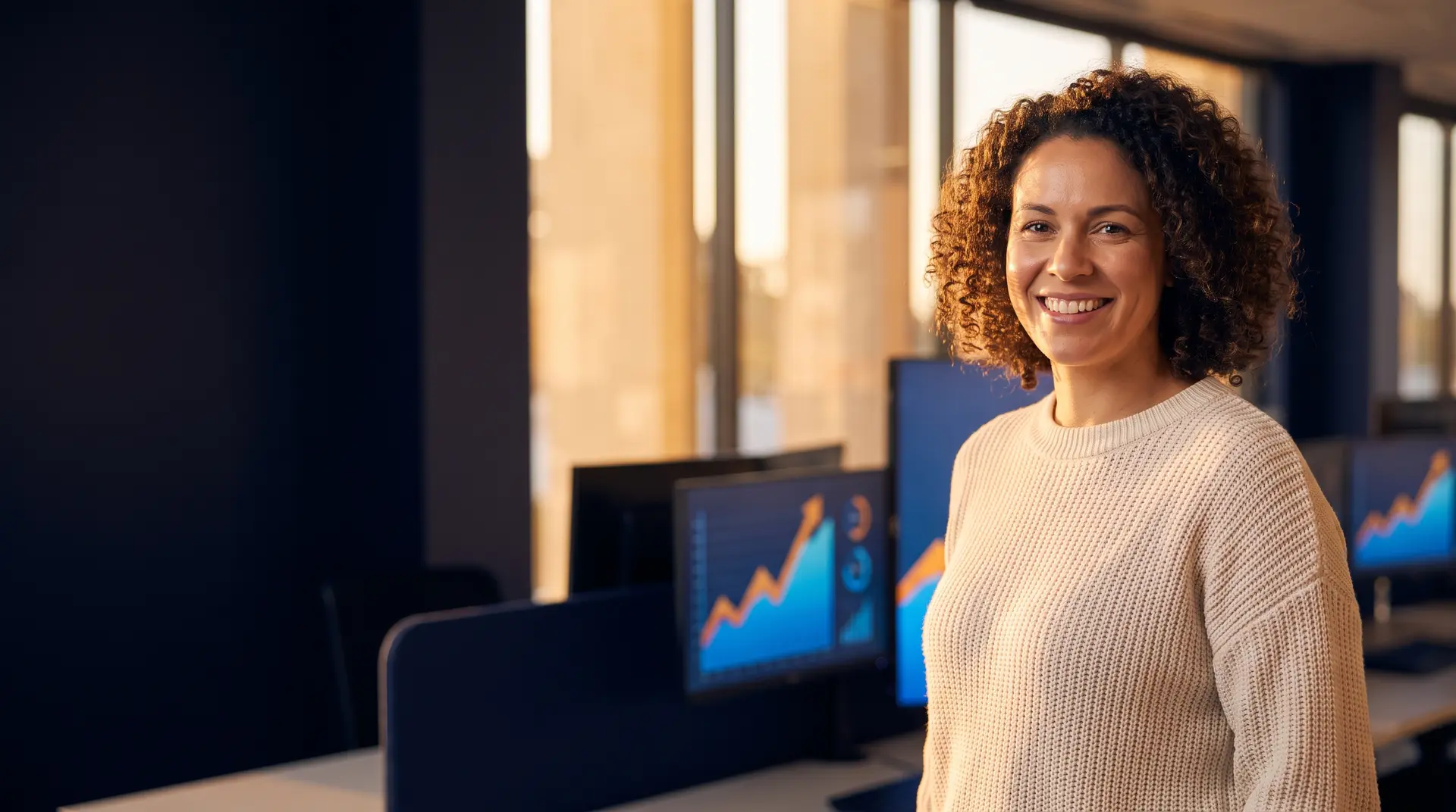 A confident Adelaide marketing professional smiling in a modern office, with paid-search performance graphs on the screens behind her at golden hour